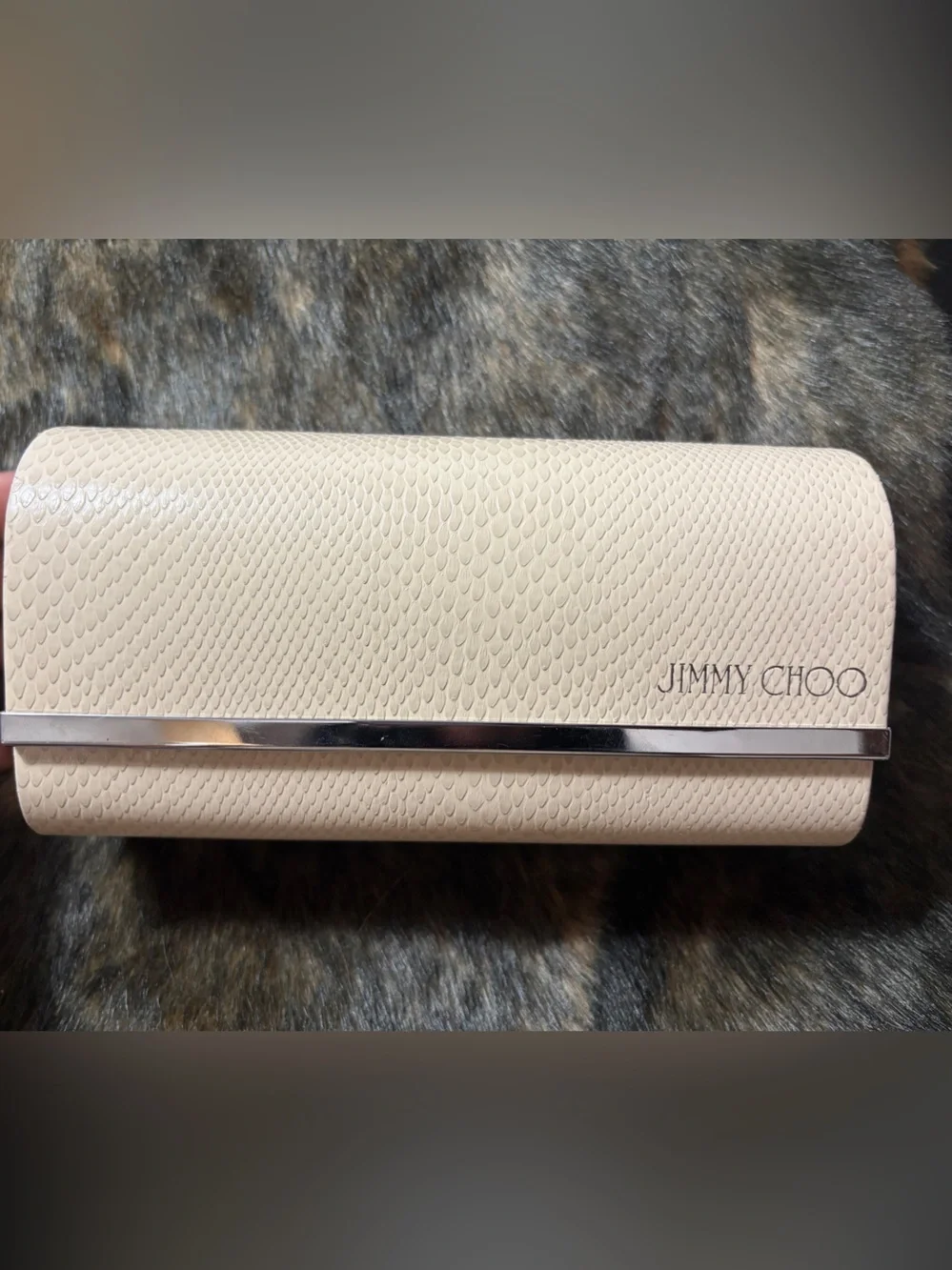 Jimmy Choo Cream Textured Leather Key & Card Holder with Silver Accent